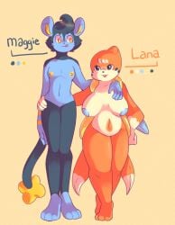 anthro anthrofied areola big_breasts breasts conditional_dnp duo eye_contact felid female floatzel generation_4_pokemon hands lamm looking_at_another luxio mammal model_sheet nintendo nipples on_hips pokemon pokemon_(species) pokemorph size_difference slightly_chubby small_breasts thick_thighs