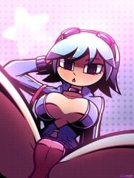 1girls arm_up black_eyes blue_hair cameltoe clothed crossxvii female goggles goggles_on_head hand_on_head jacket open_clothes open_jacket ramona_flowers scott_pilgrim short_hair short_shorts shorts solo solo_female spread_legs star