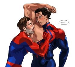 2boys armpit armpit_fetish armpit_licking blush cado_tk32 gay licking_armpit male_only marvel marvel_comics miguel_o'hara no_visible_genitalia peter_b_parker ripped_clothing saliva speech_bubble spider-man:_across_the_spider-verse sweat white_background