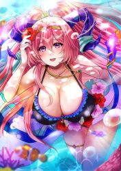 1girls :d absurdres akimiiiii alternate_costume bare_shoulders bikini black_bikini black_swimsuit breasts bubble cleavage clownfish collarbone female female female_only fire_emblem fire_emblem_heroes fish flower goat_horns hair_between_eyes hair_flower hair_ornament highres horns large_breasts long_hair nerthuz_(fire_emblem) nerthuz_(summer)_(fire_emblem) nintendo official_alternate_costume open_mouth pink_hair purple_eyes smile swimsuit twitter_username very_long_hair