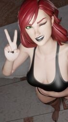 3d 3d_(artwork) 3d_render black_lips black_lipstick blender_(software) clothed crop_top exerart fortnite goth goth_girl green_eyes lips lipstick marvel mary_jane_watson panties peace_sign red_hair selfie smile smiling_at_viewer spider-man_(series) stockings wink winking_at_viewer