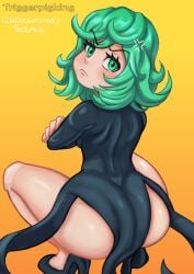 1girls anger_vein arms_crossed ass back back_view big_ass black_dress dress female female_only footwear green_eyes green_hair hair heels high_heels huge_ass legs looking_back one-punch_man pelvic_curtain short_hair solo solo_female squatting tatsumaki thighs triggerpigart