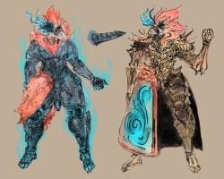 4_toes 5_fingers absurd_res accipitrid accipitriform anthro armor armored_body armored_skirt avian bearded_vulture big_penis bird blue_flames blue_precum chest_tuft clothing demon dust_(jejunumiper) feathers feet fingers fist gauntlets genitals gesturing_at_viewer gloves glowing glowing_body glowing_eyes gold_(metal) gold_armor gold_gauntlets gold_greaves greaves handwear hi_res jejunumiper knight knight_armor male model_sheet nude old_world_vulture pauldron penis plate_armor purple_body raised_fist raised_hand red_body red_feathers red_sclera scaled_body scaled_penis solo toes tuft vulture warrior white_eyes