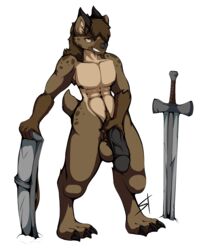 2018 alpha_channel anthro ar'kal_(viggs) balls bulge canine clothing dungeons_and_dragons gnoll highres horn humanoid_penis male male_only mammal melee_weapon muscles nude penis pubic_hair shield simple_background smile solo standing standing_tough sword transparent_background weapon