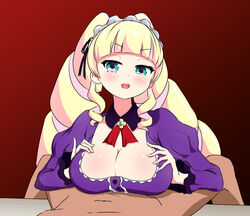 1boy 1girls big_breasts blonde_hair blue_eyes blush breasts cleavage clothed dark-skinned_male dark_skin deep_web_underground dress female frills human interracial large_breasts lolita_fashion male male_pov nude on_top penis pov puffy_sleeves recruit_jp shinsougumi straight virtual_youtuber