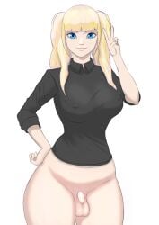 1futa balls bangs big_breasts blonde_hair blue_eyes bottomless breasts clothed clothing flaccid foreskin futa_only futanari hand_on_hip human large_breasts light-skinned_futanari light_skin long_hair looking_at_viewer mordi nipples_visible_through_clothing no_panties partially_clothed penis shirt small_penis smile solo standing twintails