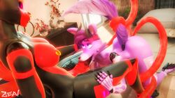 3d 3d_(artwork) animatronic black_nose bowtie cheek_dots fox fox_ears futa_on_female futanari moon_(sidemoonlight) pointy_ears purple_body robot roxy_(rktzxq1) thick_lips zealousrocket