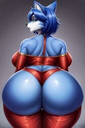 5_fingers ai_generated anthro ass_focus big_ass big_breasts big_butt blue_body blue_eyes blue_hair blue_tail female female_focus female_only fox furry furry_breasts furry_ears furry_female furry_only furry_tail krystal krystal_(star_fox) red_bra red_clothes red_clothing red_costume red_thong red_tights sexual_pose star_fox