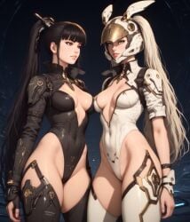 2girls black_hair black_leotard black_thighhighs bunny_(the_first_descendant) bunny_ears character_request cleavage crossover eve_(stellar_blade) female large_breasts long_hair looking_at_viewer ponytail small_breasts standing stellar_blade the_first_descendant thick_thighs white_hair white_leotard white_thighhighs wide_hips