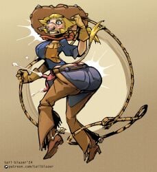 2d ass blonde_hair blue_eyes bovine breasts cow_ears cow_girl cowbell cowboy_hat cowgirl cowgirl_outfit female furry hair huge_ass lactating lasso milk nose_ring rope surprsied tagme tail-blazer udders