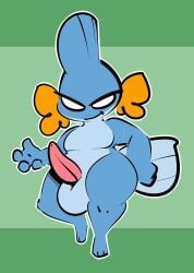 1-upclock aged_down anthro balls big_balls big_penis blue_body generation_3_pokemon genitals green_background hi_res male mudkip nintendo penis pokemon pokemon_(species) simple_background smile smirk solo tail thick_thighs xavier_(1-upclock)