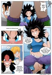 1boy 2girls caulifla comic dragon_ball dragon_ball_super dragon_ball_z english_text erasa feet_in_mouth feet_licking feet_on_face female female_domination femdom foot_fetish kale male multiple_girls saiyan_slave slave son_gohan sucking_toes text toe_sucking videl