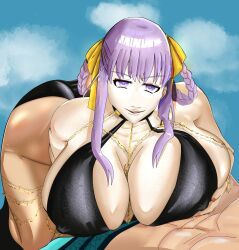 1boy based_art bb_(fate) bb_(swimsuit_mooncancer) bb_dubai_(fate) big_breasts boobs_bigger_than_head boobs_pressed breasts_on_chest center_opening clothed clothing fate_(series) gold_(metal) jewelry oc on_top purple_eyes purple_hair self_upload