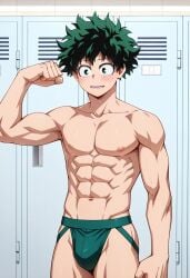 abs ai_generated biceps blush flexing_arms gay green_eyes green_hair izuku_midoriya jockstrap jockstrap_only locker_room looking_at_viewer male male_only muscular muscular_male my_hero_academia nipples nude_male pecs smile toned_body toned_male twall97
