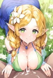 ai_generated another_eden blonde_hair cum_on_breasts cum_on_face elf elf_ears green_eyes nai_diffusion outdoors paizuri veina
