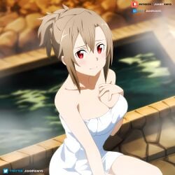 ai_generated blush brown_hair curvy eydis_synthesis_ten female hair_up juanpi_amvs light onsen patreon patreon_username red_eyes steam sword_art_online towel towel_around_breasts towel_only water watermark