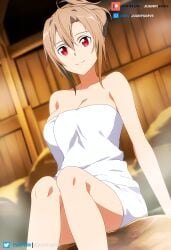 ai_generated brown_hair curvy eydis_synthesis_ten female hair_up juanpi_amvs light onsen patreon patreon_username red_eyes rocks sitting steam sword_art_online towel towel_around_breasts towel_only water watermark