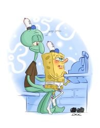 2boys blush cephalopod doc1999 fluids gay male male_only nickelodeon non-human non-human_only octopodiform octopus pastel sea_sponge sex_while_working simple_background spongebob_squarepants spongebob_squarepants_(character) squidward_tentacles tentacle toony underwear wet_panties