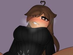 big_breasts blush blush_lines breasts breath breath_cloud brown_body brown_eyes brown_hair brown_skin clothed color colored cumming drool drool_on_face drooling heart heart-shaped_pupils long_hair nightrxgue nipple_outline offscreen roblox roblox_avatar robloxian squirt sweat sweating turtleneck turtleneck_sweater
