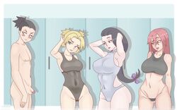 1boy 3girls balls big_breasts black_hair black_swimsuit blonde_hair blush bra cleavage clothed_female_nude_male embarrassed female g-string green_eyes hair_bun hair_ribbon humiliation kin_tsuchi large_breasts locker_room male naked nara_shikamaru naruto naruto_(classic) nude one-piece_swimsuit panties penis ponytail purple_hair red_hair small_penis small_penis_humiliation swimsuit tayuya temari testicles thong twintails