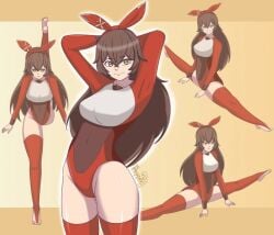 amber_(genshin_impact) contortion female_only flexible genshin_impact gymnast_leotard gymnastics peppershrimp17_(artist) split splits thighhighs