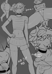 2025 2_horns absurd_res anthro anus backsack ball_bulge balls bent_over black_choker black_jewelry black_necklace bleating bodily_fluids bottomwear bovid bulge butt caprine choker closed_smile clothed clothing clothing_lift crop_top crossdressing crossdressing_male detailed_bulge dialogue english_text erection eyelashes eyes_closed femboy front_view fur genitals goat grey_background greyscale hair hand_on_head hand_on_hip heart_after_text heart_symbol hi_res horn imadeus jewelry legwear looking_at_viewer low-angle_view male mammal medial_ring midriff monochrome mouth_closed multiple_angles multiple_scenes narrowed_eyes navel necklace open_mouth open_smile panties penis saliva scut_tail shirt short_tail simple_background skirt skirt_lift smile solo standing striped_crop_top sweat tail text thigh_highs tongue tongue_out topwear underwear white_text xoxo