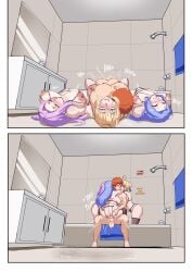 1boy 3girls anus artoria_pendragon_(fate) bathroom blush cielobivolta color_coded_text cowgirl_position cum cum_in_pussy emiya_shirou english_dialogue english_text fate/stay_night fate_(series) group_sex harem highres kissing light-skinned_female light-skinned_male light_skin lingerie long_hair lying_on_back medea_(caster)_(fate) medea_(fate) medusa_(fate) medusa_(rider)_(fate) multiple_girls orange_hair pale-skinned_female pale_skin purple_hair pussy_juice saber_(fate) sex underwear vaginal_sex