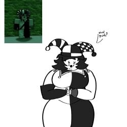 1girls 2d 2d_(artwork) 2d_artwork big_breasts black_and_white_clothing black_hair breasts clothed color colored doom_by_fate english english_text jester jester_(doom_by_fate) jester_costume jester_hat jester_outfit pale_skin reference_image roblox roblox_game robloxian short_hair text text_bubble thebrick1 thick_thighs thighs unknown_gender white_skin