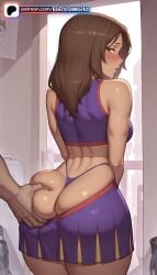 1girls 2026 ai_generated artist_name ass ass_grab blush bonnie_rockwaller brown_hair camera cellphone dark-skinned_female dark_skin electroworld female green_eyes groping hi_res high_quality high_resolution highres kim_possible muscular_female panties patreon patreon_username phone purple_bikini purple_panties skirt solo_focus stable_diffusion sweat tan tanlines thong trembling underwear watermark
