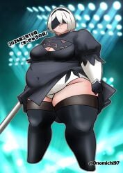 1girls bbw belly big_belly big_breasts blindfold breasts clothing fat female female_only hairband huge_belly light-skinned_female light_skin nier nier:_automata obese onomichi overweight short_hair solo thick_thighs thighhighs white_hair yorha_2b