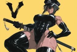 uersor valery_(uersor) tomboy tomboyish tomboy_milf milf latina latina_female latina_milf ai_generated ai_art ai ai-created deviantart_link female female_only female_focus solo solo_female mature_female 1girls 1girl large_breasts big_breasts breasts wide_hips hips thick_thighs thighs thin_waist curvy curvy_figure curvy_female curvy_body muscular muscular_female abs navel shiny_skin dark_skin dark-skinned_female tan_skin tan-skinned_female tanned_skin tanned tanned-skinned_female brown-skinned_female brown_skin short_hair pixie_cut hair_between_eyes sidelocks messy_hair black_hair looking_at_viewer looking_down looking_to_the_side yellow_background simple_background highres high_resolution high_quality katana holding_weapon sword holding_object holding_sword weapon peaked_cap cap black_cap emblem star leaves latex elbow_gloves black_elbow_gloves latex_elbow_gloves armwear black_armwear latex_armwear leotard black_leotard latex_leotard black_thighhighs legwear stockings black_legwear black_stockings latex_stockings latex_legwear latex_thighhighs covered_abs covered_navel bandage bandages scar_on_arm scars_on_arm scar_on_hip ass_visible_through_thighs spread_legs smirk smirking smirking_at_viewer clenched_teeth brown_lips yellow_eyes streaked_hair hand_on_own_hip scar_on_leg scars_on_legs