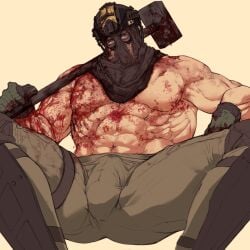 zhens777 call_of_duty cod activision infinity_ward konig gay bara yaoi big_muscles muscular muscular_male sniper_veil big_penis big_dick big_cock male_only shirtless_male shirtless shirtless_(male) soft_expression covered_in_blood blood blood_on_torso blood_on_chest sledgehammer holding_weapon hammer blood_on_weapon bulge bulge_through_clothing bulge_under_clothes big_bulge