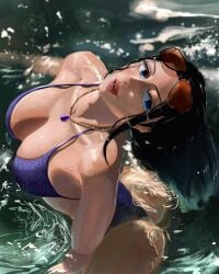 1girls artist_name ass bare_shoulders big_breasts bikini black_hair blue_eyes breasts cleavage female female_only glasses glasses_on_head hi_res highres jewelry long_hair necklace nico_robin one_piece purple_bikini soaked solo solo_female source_request swimming swimsuit tako_art water water_reflection wet wet_body
