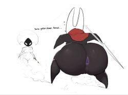 1girls anus ass back_view black_body black_skin boobs bottom_heavy bottomless breasts chubby chubby_female dialogue english_text eyelashes female hollow_knight hollow_knight:_silksong hornet_(hollow_knight) horns insect insect_girl lace_(hollow_knight) okgaki pussy shortstack simple_background text thick_thighs thighs weapon white_body wide_hips