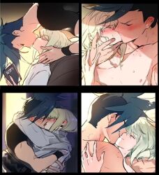 2boys after_sex androgynous bite_mark bob_cut clothing cuddling femboy galo_thymos gay gay_sex kissing kissing_while_penetrated lio_fotia making_out male promare short_hair size_difference twink wholesome wholesome_sex yaoi