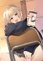 1girls :p absurdres blonde_hair bra cellphone chair crotch_grab earrings eyebrows_visible_through_hair eyelashes_visible_through_hair grey_skirt gyaru highres holding holding_phone jewelry long_sleeves looking_at_viewer on_chair original panties pantyshot phone pink_bra pink_panties pleated_skirt purple_eyes school school_chair school_uniform schoolgirl schoolgirl_uniform short_hair showing_breasts showing_off showing_panties sitting sitting_on_chair skirt smartphone solo spread_legs spreading tamabon_(koutetsu_shabondama) tongue tongue_out underwear