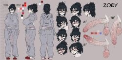 bandage big_balls big_breasts big_penis blush breasts bulge bulge_down_leg bulge_under_clothes character_sheet color excessive_genital_fluids foreskin futanari glasses grey_sweatpants hair_bun height_chart hoodie huge_breasts huge_cock measurements messy_hair moan moaning no_watermark open_mouth pale-skinned_futa pale_skin penis precum precum_drip shamashiel sweatpants uncensored uncircumcised unkempt veiny_penis whale_tail