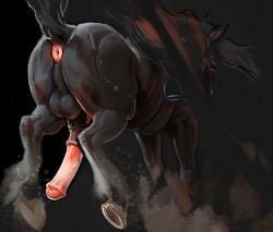 64k animal_genitalia animal_penis anus ass big_butt black_background black_hair bridle dark_body demonic draft_horse equid equine equine_genitalia equine_penis feathering feral fur genitals glowing glowing_anus gypsy_vanner hair harness hi_res hooves horse long_hair male male_feral mammal medial_ring penis presenting presenting_hindquarters puffy_anus raised_tail red_anus red_eyes saddle sheath simple_background solo tack tail v_rising vampire