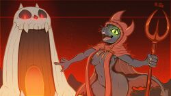 16:9 2022 anthro areola big_breasts bone brána_melis breasts calderian canid canid_demon canine cape claws clothing convenient_censorship demon digital_media_(artwork) eye_markings eyebrows eyelashes fangs female fur gesture green_eyes green_sclera grey_body grey_fur hand_gesture hellhound hi_res holding_object holding_weapon hood horn looking_at_viewer mammal markings meatboom melee_weapon mostly_nude mountain mythological_canine mythological_creature mythology navel open_mouth open_smile pawpads paws pointed_tail pointing polearm pupils red_cape red_clothing red_eyes red_sky skull sky smile solo teeth thick_thighs tongue torn_clothing trident unusual_pupils uvula weapon whisker_spots whiskers wide_hips widescreen