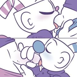 aipeco18 blush brothers closed_eyes cuphead cuphead_(game) gay grabbing_penis inanimate_object incest male male_only mugman object_head oral penis sibling studio_mdhr tongue video_games watermark yaoi