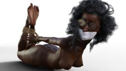 3d bondage dark-skinned_female dark_skin daz3d gag gagged glasses hogtie looking_behind mature_female naked_hogtie tikka