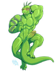 2018 4_toes 5_fingers abs anthro anus bedroom_eyes biceps claws erection eyewear full-length_portrait green_penis green_scales half-closed_eyes humanoid_penis iguana lizard looking_at_viewer male male_only muscular muscular_male nude open_mouth penis portrait reptile rick_griffin scales scalie seductive signature simple_background smile solo sunglasses tattoo teeth toes tongue tongue_out white_background zard_(character)