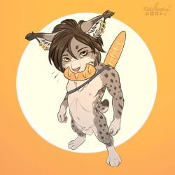 animal_genitalia anthro balls bread brown_hair casual_nudity ear_piercing felid feline food genitals hair hi_res high-angle_view lynx male mammal navel nipples nude piercing rocky_(xleb0rezka) sheath skinny slim solo standing xleb0rezka yellow_eyes