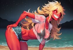 1girls ai_generated beach bent_over bikini blonde_hair boo_hag breasts claws clothed clothes clothing daisy_dukes denim denim_shorts emaciated exposed_muscle fangs female glowing_eyes hand_on_ass horror horror_(theme) medium_breasts monster_girl morana_(paigen) muscles original original_character paigen red_eyes red_skin sand sharp_nails sharp_teeth shirt shorts skinless skinny swimsuit undead water wet_shirt