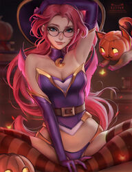 1girls alternate_costume bewitching_janna blue_hair breasts cleavage clothing female female_only glasses harrowing harrowing_series janna_windforce kittew league_of_legends long_hair looking_at_viewer panties solo spread_legs thighhighs