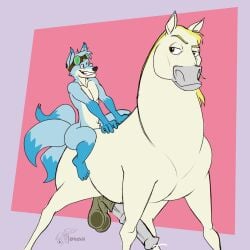 3_tails absurd_res animal_genitalia animal_penis anthro anthro_on_feral anthro_penetrating bedroom_eyes bodily_fluids canid canine cum disney duo equid equine equine_genitalia equine_penis excited eyewear eyewear_on_head feet feral feral_penetrated fingers fox genital_fluids genitals gilbert_(ss7xeno) goggles goggles_on_head hair happy hi_res horse horseback_riding implied_insertion larger_feral larger_male larger_penetrated lsdxiii male male/male male_anthro male_feral mammal mane mane_hair maximus_(tangled) multi_tail narrowed_eyes penetration penis pink_background purple_background riding_on_back seductive simple_background size_difference small_dom_big_sub smaller_anthro smaller_male smile smiling_at_another smiling_at_each_other tail tangled_(disney) zoophilia