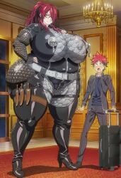 1boy adult_and_teenager adult_female age_difference aged_up aged_up_character ai_generated anime_style bbw belt blank_eyes blush bodysuit breasts_bigger_than_head chaps enormous_ass enormous_breasts fat_ass female flabby_arms glasses hand_on_hip height_difference high_heel_boots human knives kobayashi_rindou leather leggings leotard mature_female nipple_plugs novelai obese open_mouth overweight_female ponytail python17ao3 scales shokugeki_no_souma skin_tight smaller_male taller_female teenage_male thick_thighs wide_hips yukihira_souma zipper
