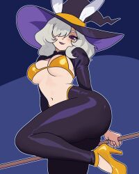 witch_hat witch witch_costume bunny_ears reverse_bunnysuit bunny_girl large_breasts golden_bikini posing pose broom white_hair