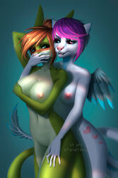 anthro barely_visible_genitalia barely_visible_pussy blush breasts canine domination duo feathered_wings feathers febii female heterochromia hybrid mammal nipples open_mouth pussy smile standing va_art wide_hips wings yuri