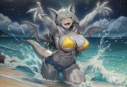 1girls ai_generated anthro bat_ears bat_nose bat_wings beach bikini breasts claws clothed clothes clothing cracked_skin cracks daisy_dukes denim denim_shorts female gargoyle grey_hair grey_skin horror horror_(theme) huge_breasts monster_girl muscular muscular_female original original_character paigen petra_(paigen) red_sclera sand sharp_nails sharp_teeth shorts stone_body stone_skin swimsuit tail water yellow_eyes